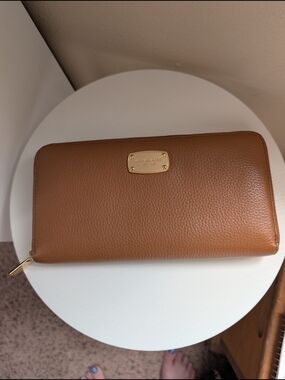 Michael Kors Brown Pebbled Leather Zip-Around Wallet with Gold Plate
